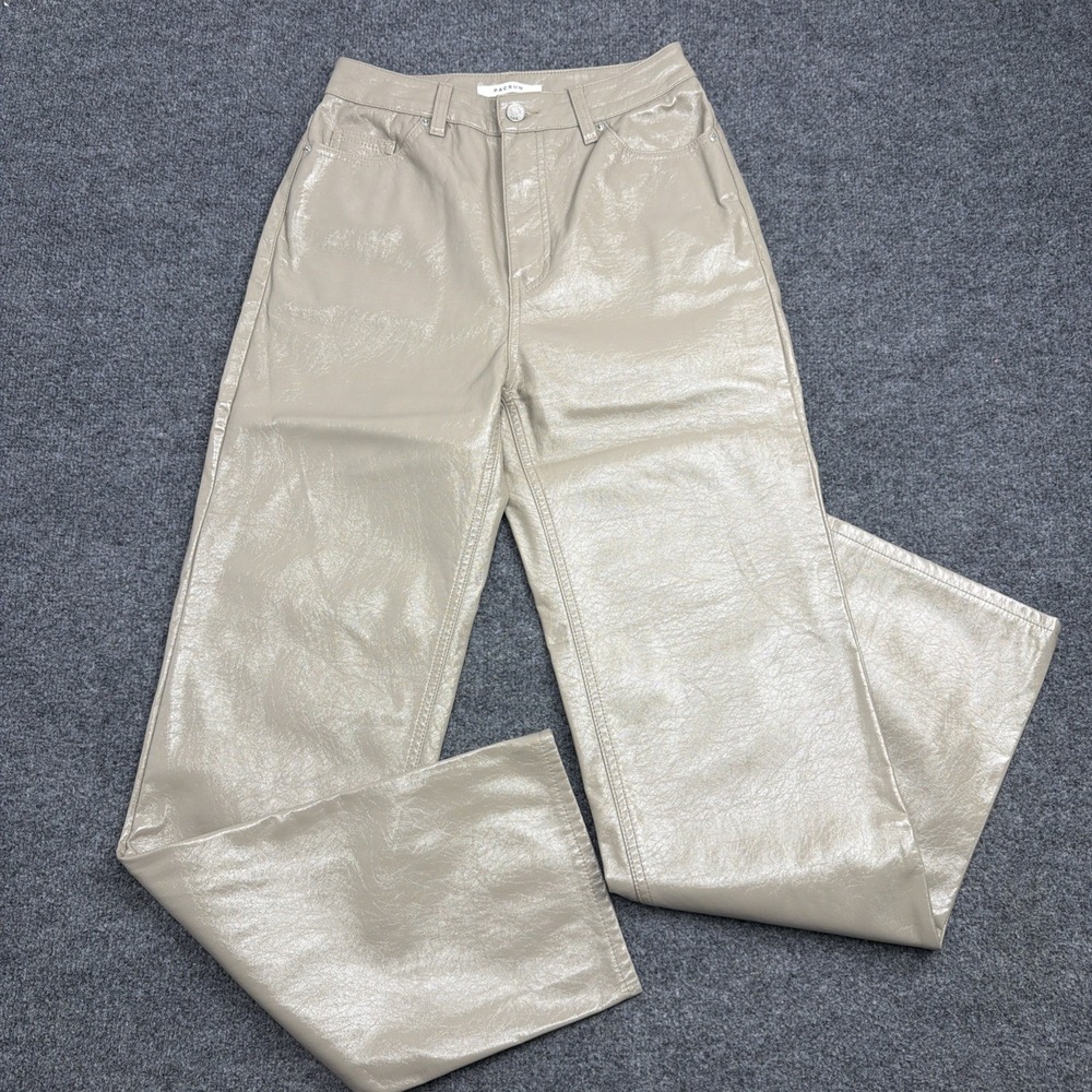 PacSun 90s Boyfriend Pants Faux Leather Taupe Beige Shiny Lacquered Size 25